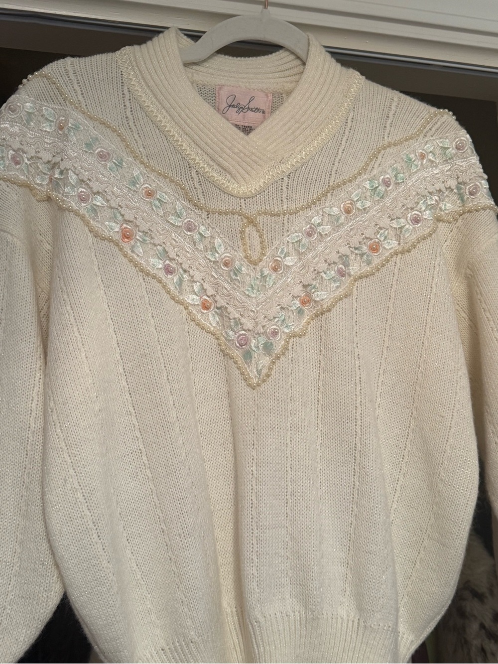 Jaclyn Smith Cream V-Neck Sweater with Pastel Embroidery